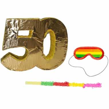 Pinata goud 50 jaar leeftijd + stok + blinddoek