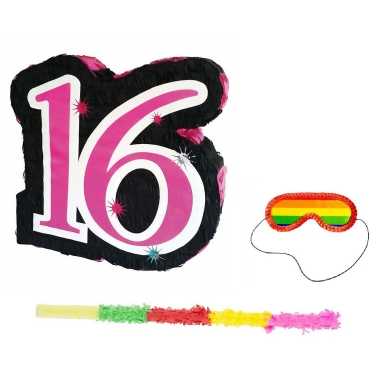 Pinata sweet sixteen 16 jaar set + stok + blinddoek