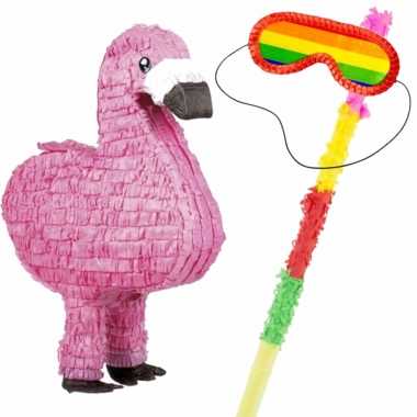 Pinata van een flamingo set met blinddoek en stok