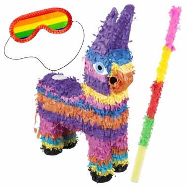 Pinata van een mexicaanse ezel set met blinddoek en stok