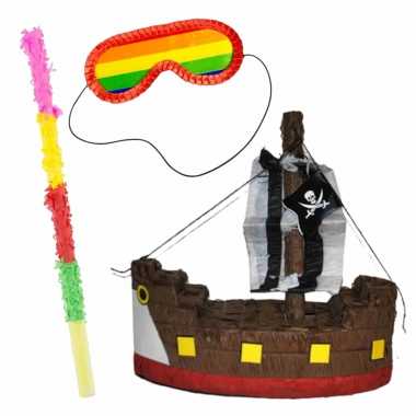 Pinata van een piratenboot set met blinddoek en stok