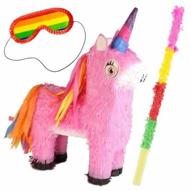 Pinata van een unicorn/eenhoorn set met blinddoek en stok