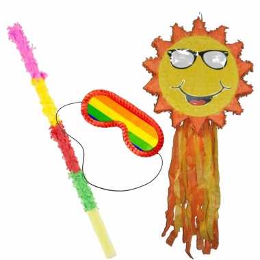 Pinata van een zonnetje set met blinddoek en stok
